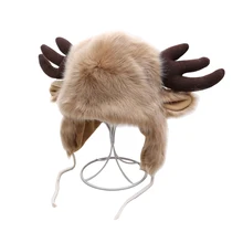 Женские шапки из искусственного лисьего меха, меховые шапки-ушанки с ушками, Рога лося, рождественские шапки для девочек, зимняя шапка-бомбер с ушками