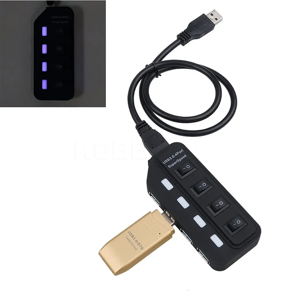 Премиум 4 Порты и разъёмы usb-хаб супер Скорость USB 3,0 концентратор светодиодный индивидуальные вкл/выкл кнопка USB кабель для передачи данных с Мощность адаптер