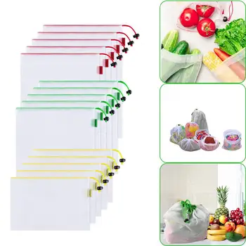 

Reusable Mesh Bag Set of 15 Washable Drawstring Produce Bags See-Through Grocery Bags, 3 Sizes