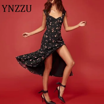 

YNZZU Sexy High Split Backless Strap Chiffon Dress Women 2020 Summer Floral Print V Neck Female Party Dresses Vestidos AD408