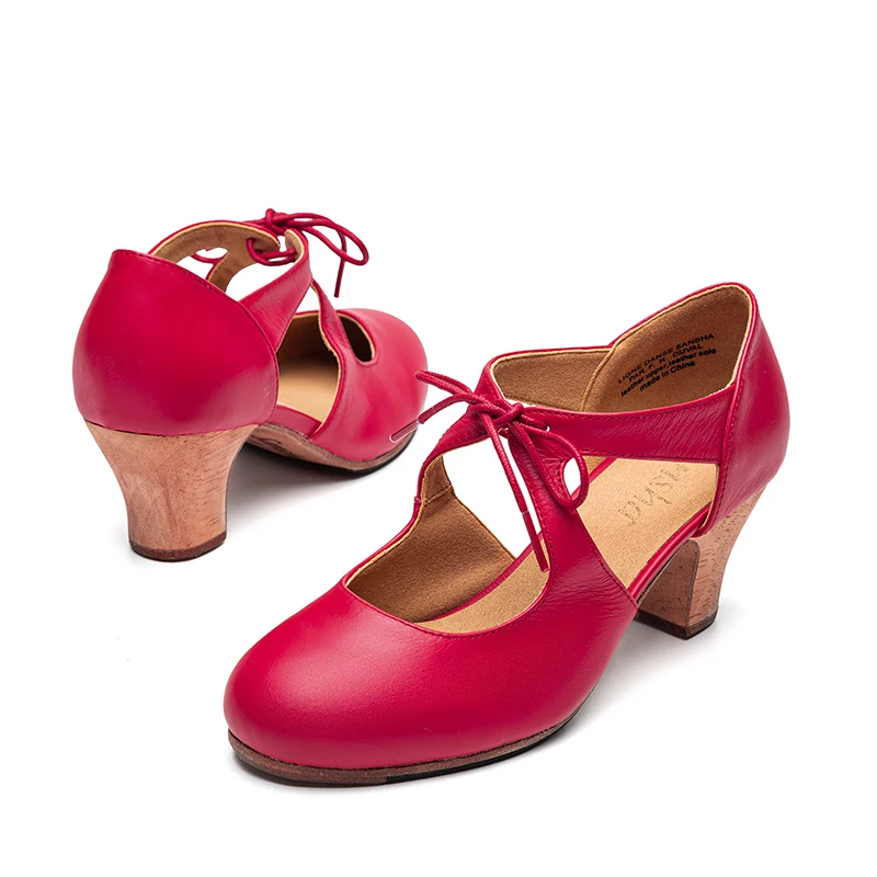 Sansha Professional Flamenco Character Lace Up 6CM Middle High Heel For Women Ladies Black Red Pierced Dancing Shoes FL29L 5