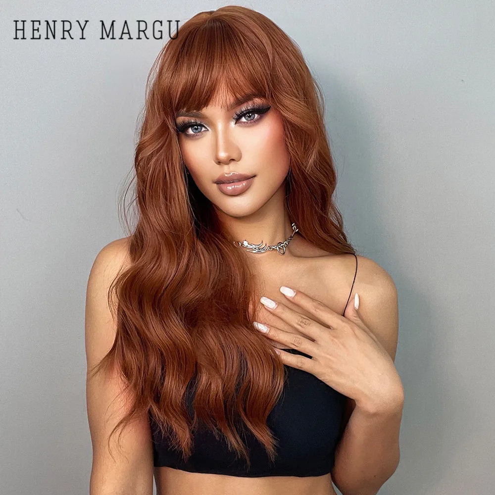 HENRY MARGU Long Wavy Auburn Red Synthetic Wigs with Bangs Kinky Curly Natural Hairs for Daily Cosplay Party Heat Resistant Wigs