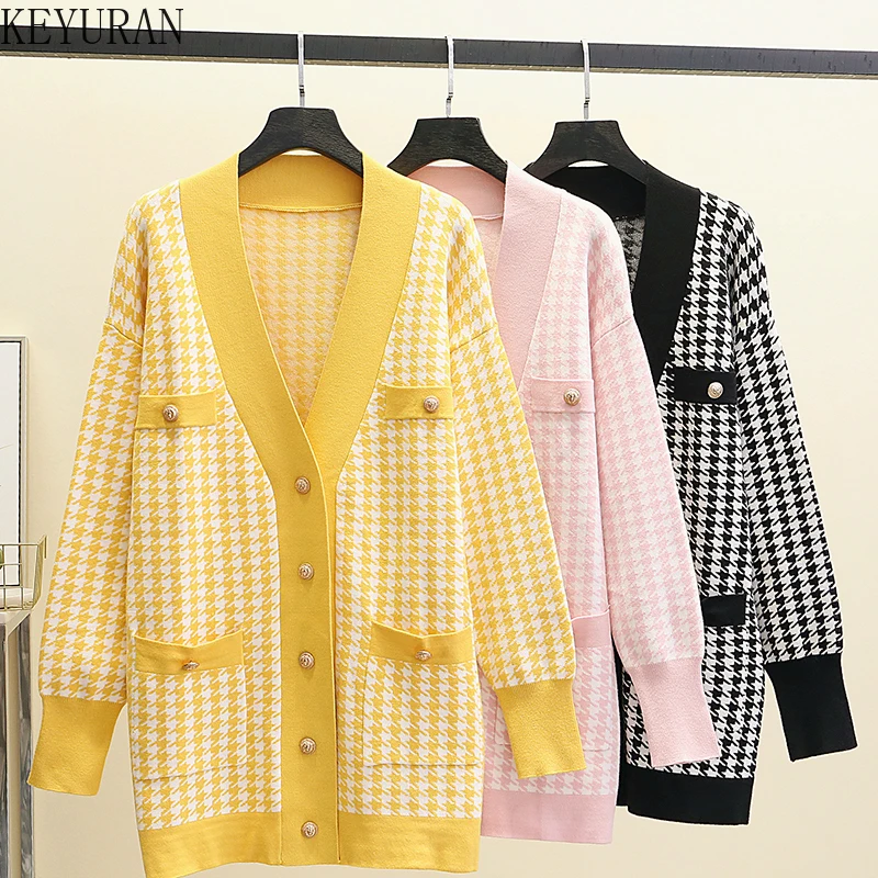 Long Knitted Pink Houndstooth Cardigan Women's Autumn Winter V-neck Drop Shoulder Button Oversized Sweater Coat Female Knit Tops |