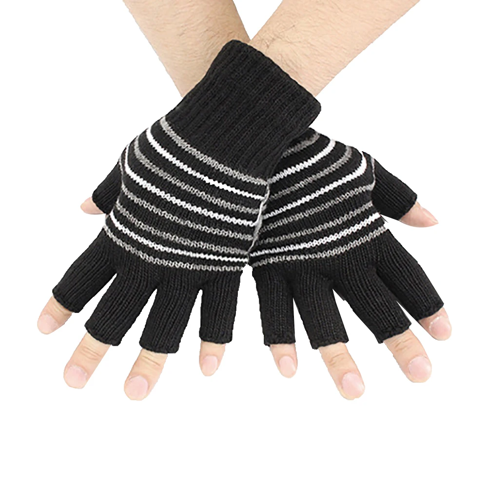 Stripe Winter USB Electric Heating Soft Warm Unisex Half Finger Knitted Gloves