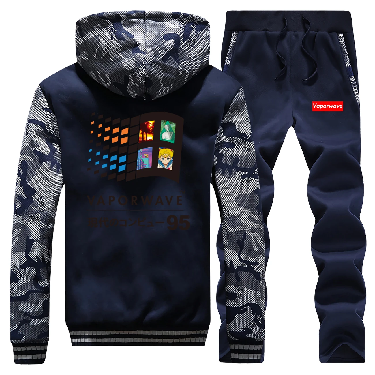 Vaporwave Hoodies Pants Set Men Japanese Anime Aesthetic 80s Tracksuit Coat Track Suit Winter Thicken Fleece Jacket 2 Piece Sets | Мужская