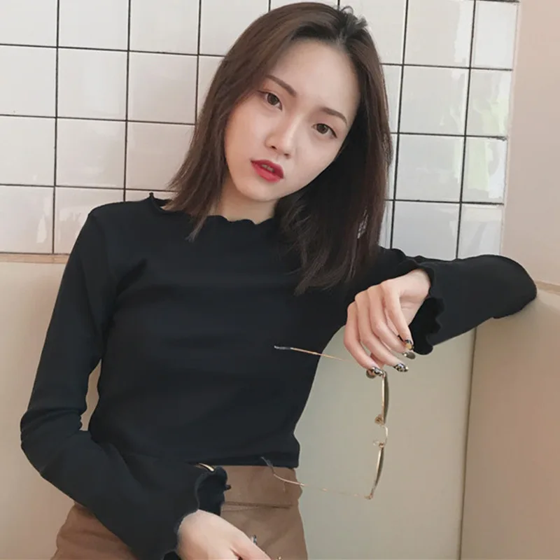 

2019 Autumn And Winter Korean-style Half-Turtle-Neck Solid Color Flounced Bell Sleeve T-shirt Pullover Base Shirt Tops