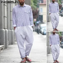 INCERUN, модная рубашка, комбинезон для мужчин, с принтом, в стиле пэчворк, с отворотом, с длинным рукавом, мешковатые штаны, уличный Ретро стиль, мужской комбинезон, Комбинезоны для бега