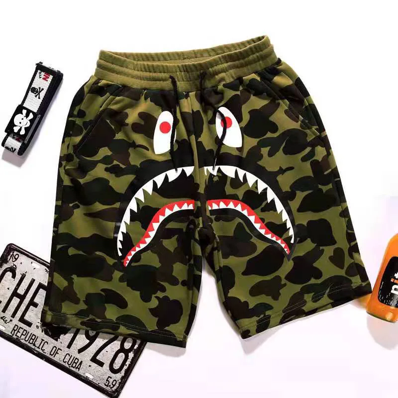 Pantalones cortos de playa para hombre, pantalón informal con estampado de boca de tiburón y camuflaje, marca de tendencia japonesa, novedad de verano 2021