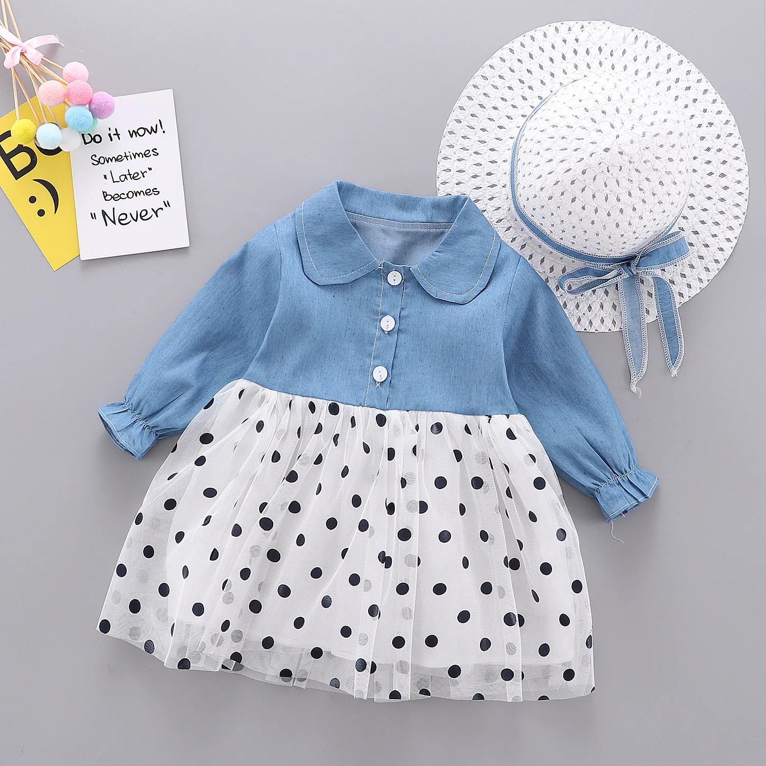 

2019 Hot Sale Patchwork Above Knee, Mini Full Regular Baby Dress Vestido Infantil New Stitching Dress With Straw Hat Straddle