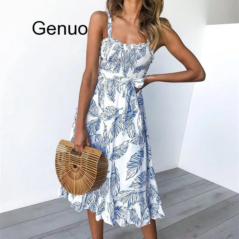 

Women Summer Dress Female Vestidos Casual Backless Boho Dresses Leaves Print Beach Sleeveless Dress