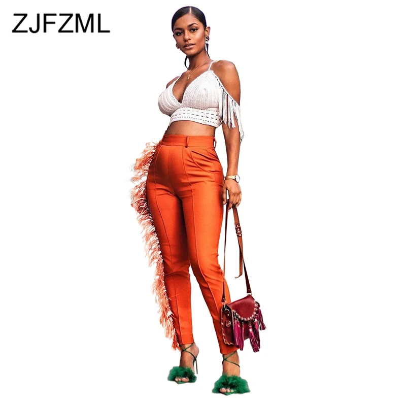 

Tassel Sexy Pencil Pants Women High Waist Patchwork Causal Skinny Trousers Autumn Winter Streetwear Orange Plus Size Joggers
