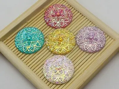 

50 Mixed Color Flatback Resin Glitter Rhinestone Flower Round Cabochons 20mm