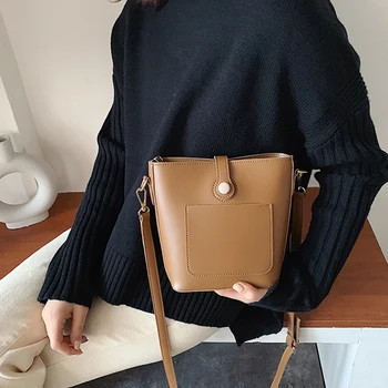 

Simple Solid Color Women's Shoulder Bags Large Capacity Female Bucket Messenger Bag Luxury PU Leather Women Handbags 2020 New