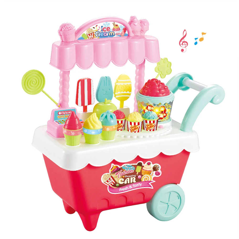 30pcs Home Light Mini Educational Ice Cream Rotating Candy Cart Shop Music Detachable DIY Coins Fun Pretend Play Toys