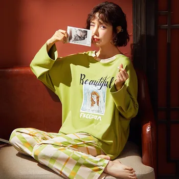 

Sleepwear Print Cartoon Women Lovely 2PCS Shirt&Pant Pajamas Set Cute Casual Loose Nightwear Sleep Set Cotton Home Clothing