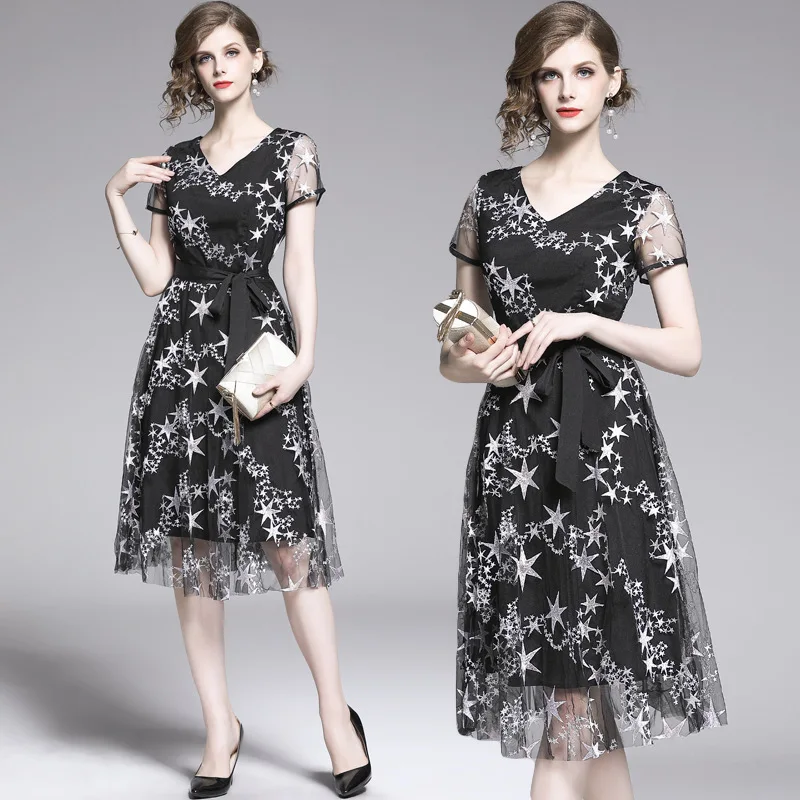 

Photo Shoot-2019 Summer New Style Embroidered Five-pointed Star Ozhouzhan Trend Europe And America Fashion Dress