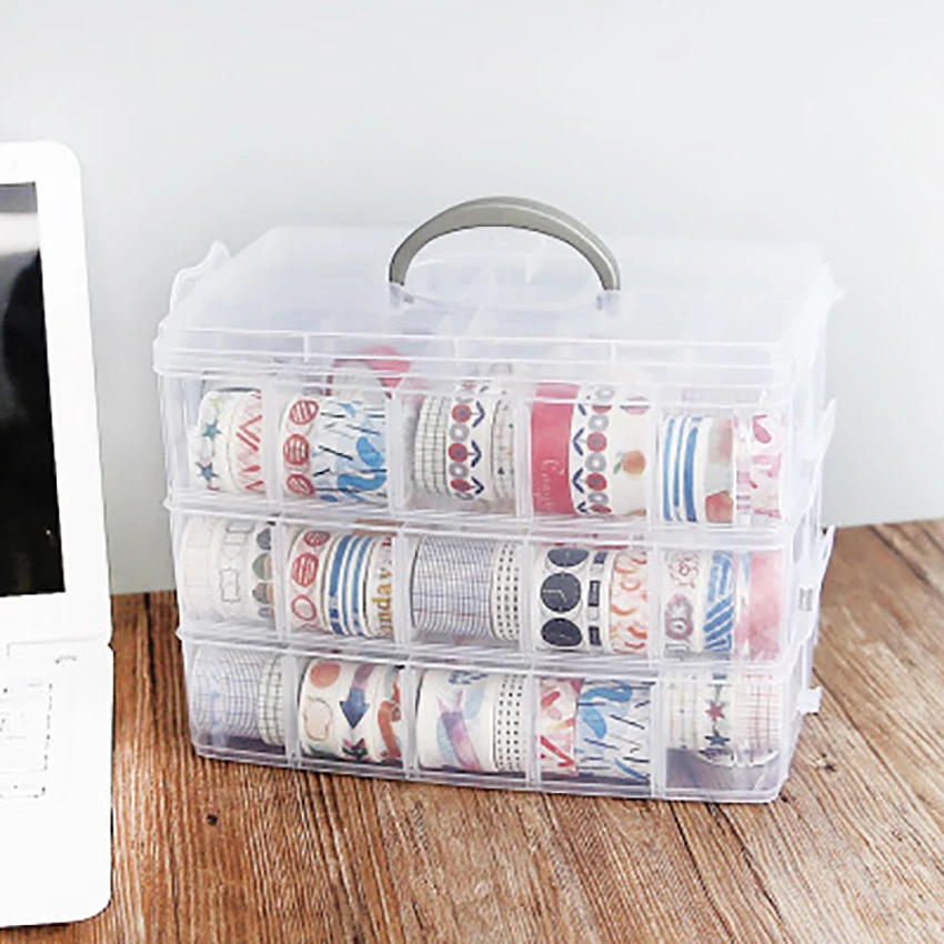 

18/30 Grids Three Layer Plastic Storage Box Kids DIY Scrapbooking Stationery Container Transparent Craft Paper Organizer