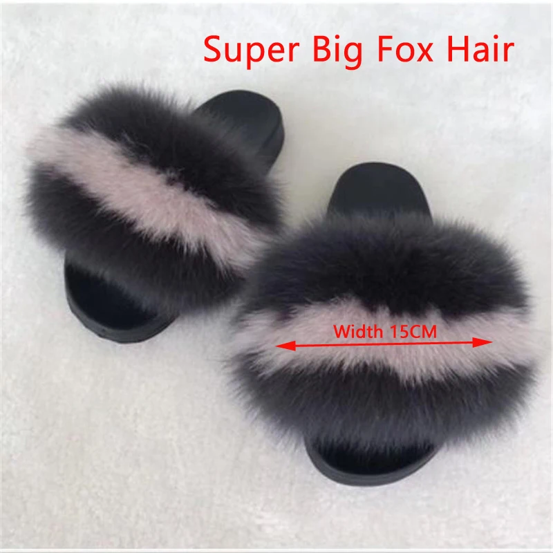 Super Big Fur Женская зимняя плюшевая обувь; Очень Пушистая лиса; меховые тапочки; женские меховые шлепанцы; женские пушистый мех; сандалии; женские Вьетнамки; 45 - Цвет: Super Big Fur