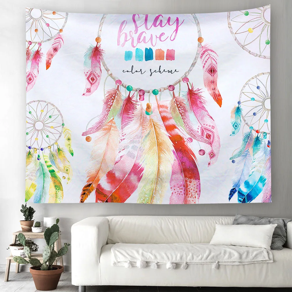 

Nordic Modern Wall Hanging Tapestry Dreamcatcher Feather Printed Polyester Macrame Tapestry Beach Throw Towel Decor Blanket