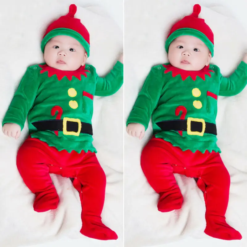 Рождественский комбинезон для новорожденных девочек и мальчиков; шапки; сезон осень-зима; одежда зеленого цвета с длинными рукавами для маленьких девочек и мальчиков; Рождественский костюм Санты; бархатный костюм