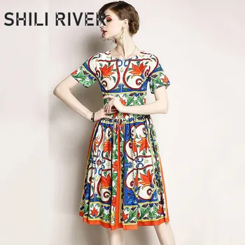 

New summer french girl midi dress for women a line short sleeve slim casual elegant pleated floral print flower swing dresses