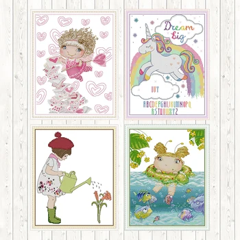 

Rainbow Unicorn Patterns Counted Cross Stitch Kits for Embroidery 14CT Printed Fabric 11ct Little Angel of Love Needlework Kits