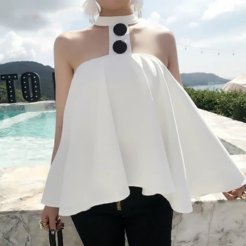 

Spring Off Shouler Sexy Blouse Women White Sleeveless Button Loose Shirt Female Korean 2019 Fashion Chlothes New