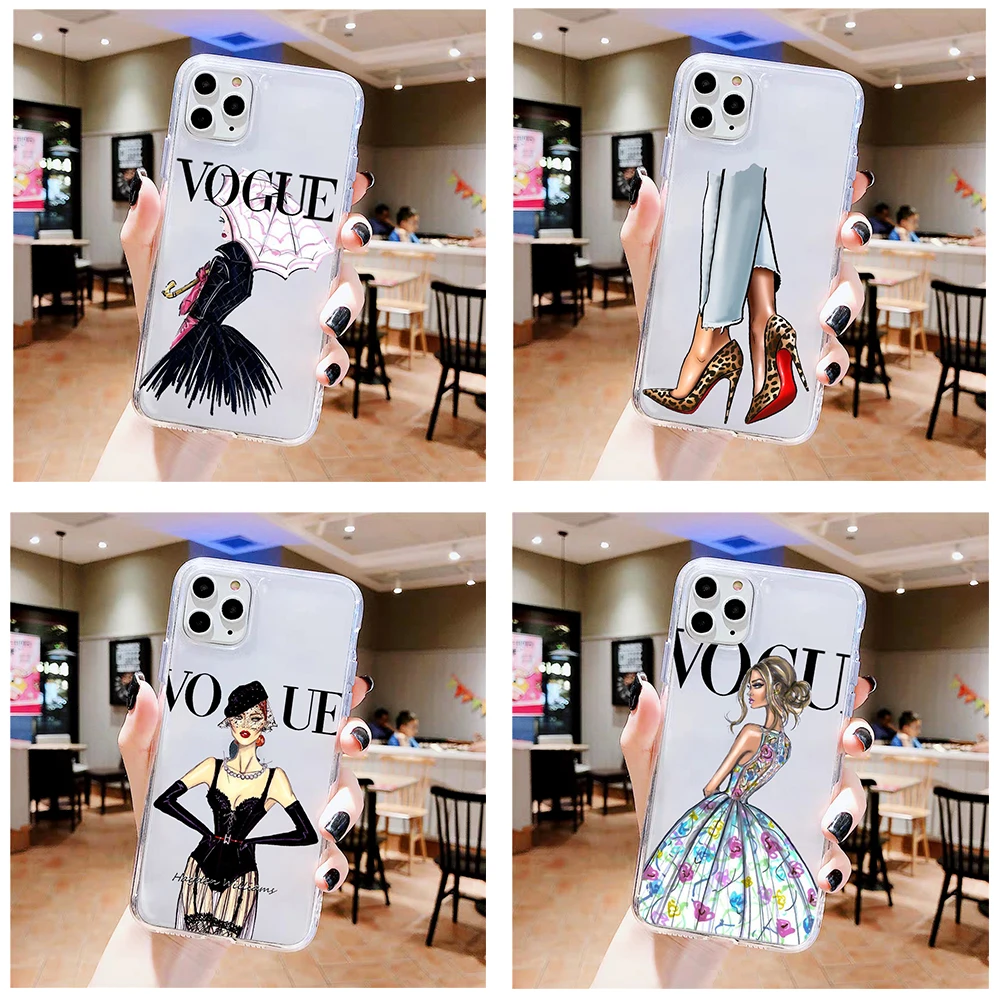 For iPhone 5S SE 6 6S 7 8 Plus X XS MAX XR 11 Pro Max Luxury Transparent Soft Silicone Case VOGUE Girl phone case funda cover | Мобильные