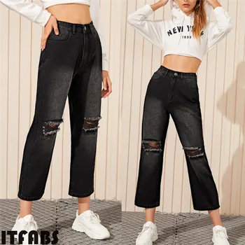 

Women Elastic Waist Denim Jeans Straight Leg Ripped Ladies Casual Pants Trousers