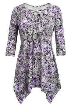 

Women Well-matched Tie Neck Long Sleeves Floral Printed Soft Ice Silk Irregular Hem Pullover Style Blouse Shirt Tops