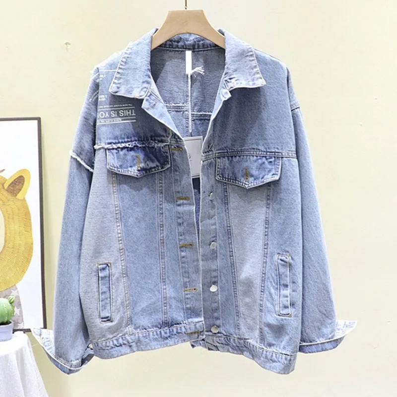 

Harajuku Vintage Full Sleeve Asymmetric Letter printing Large Size Black Denim Jacket Casual Jean Coat 2020 Autumn New