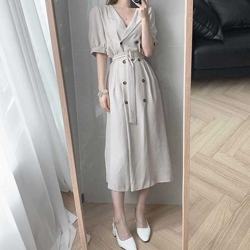 One Piece Ladies Dress Korean Elegant Office Women Dresses 2020 Summer Woman New Double-Breasted Puff Sleeve Dress Midi Dresses