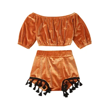 

Pudcoco 0-24 Months Baby Girls Clothes Autumn Winter Velvet Outfits Off Shoulder Shirt Tops Tassel Shorts Pants 2pcs Sunsuit Set