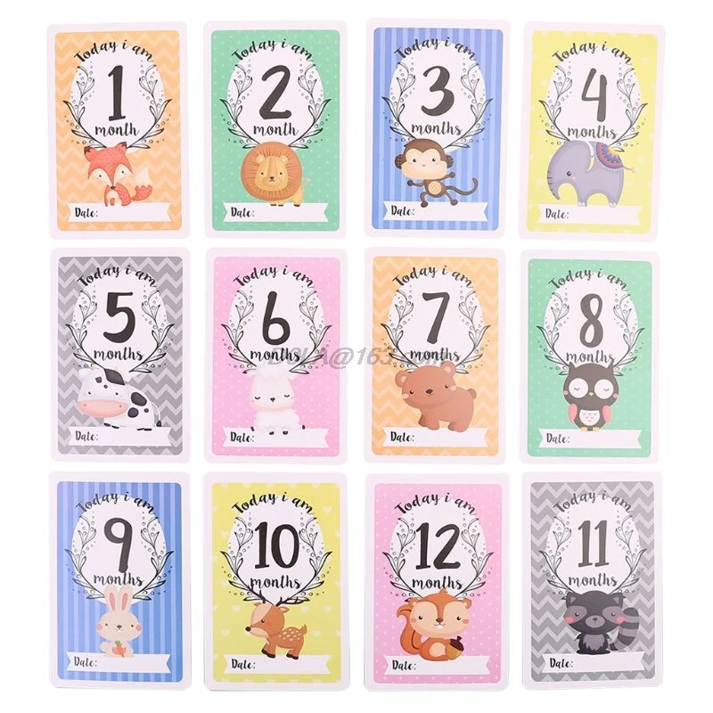 Juego de 12 hojas para compartir fotografías de bebé, juego de tarjetas de edad para bebé, tarjetas de hito para bebé, tarjetas fotográficas para bebé, accesorios para fotos para recién nacidos