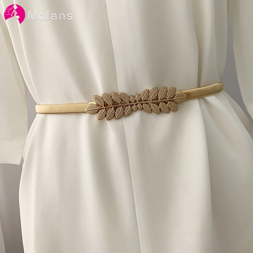

MOLANS Fashion Leaf Metal Buckle Belt for Women Lady Elastic Waist Chain Belts Female Gold Thin Belts Wedding Strap Accessories