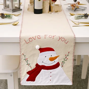 

36x180cm Christmas Table Runner Love for You Embroidered Snowman Pattern Table Runners Textile Festival Decoration