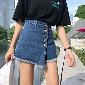 

Fashion Buttons Spliced Short Jeans Skirt Women Irregular Stitching High Waist Short Jeans For Women Summer Denim Short Pants
