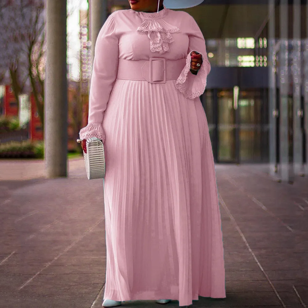 Women Pleated Maxi Vestido Plus Size Dresses Fashion Pink Long Sleeve Autumn 2019 Robe Vintage Elegant Evening Party Dress | Женская