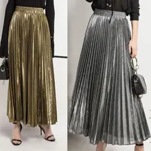 Женская высокая талия металлик мерцающий сплошной цвет плиссированная А-силуэт Макси Длинная юбка