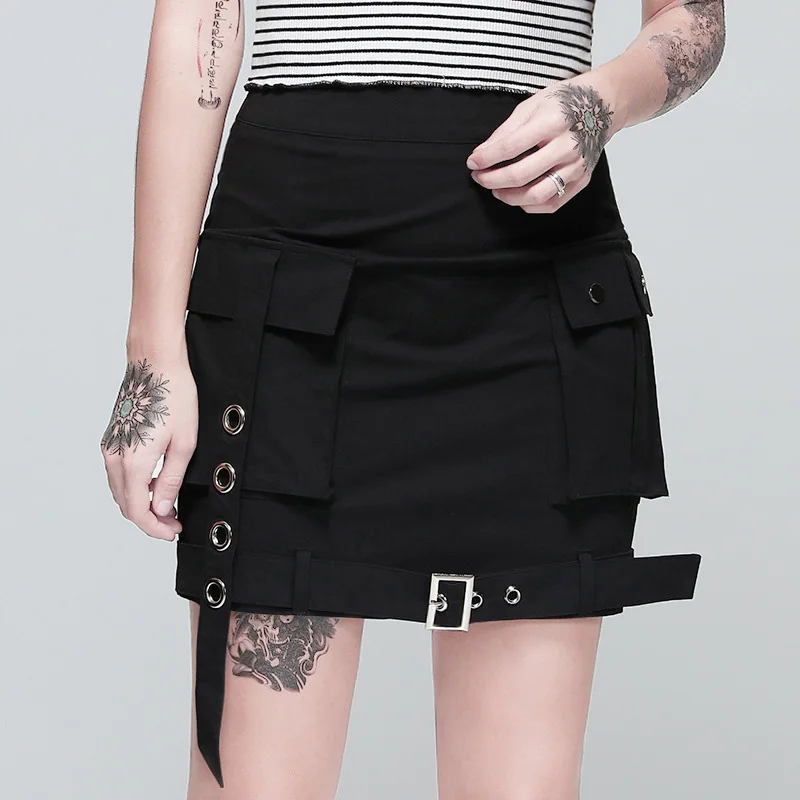 Fitshinling Grunge Pockets Slim Pencil Skirt Female 2019 Autumn Slim High Waist Skirts Women Black Gothic Punk Jupe Femme Sale