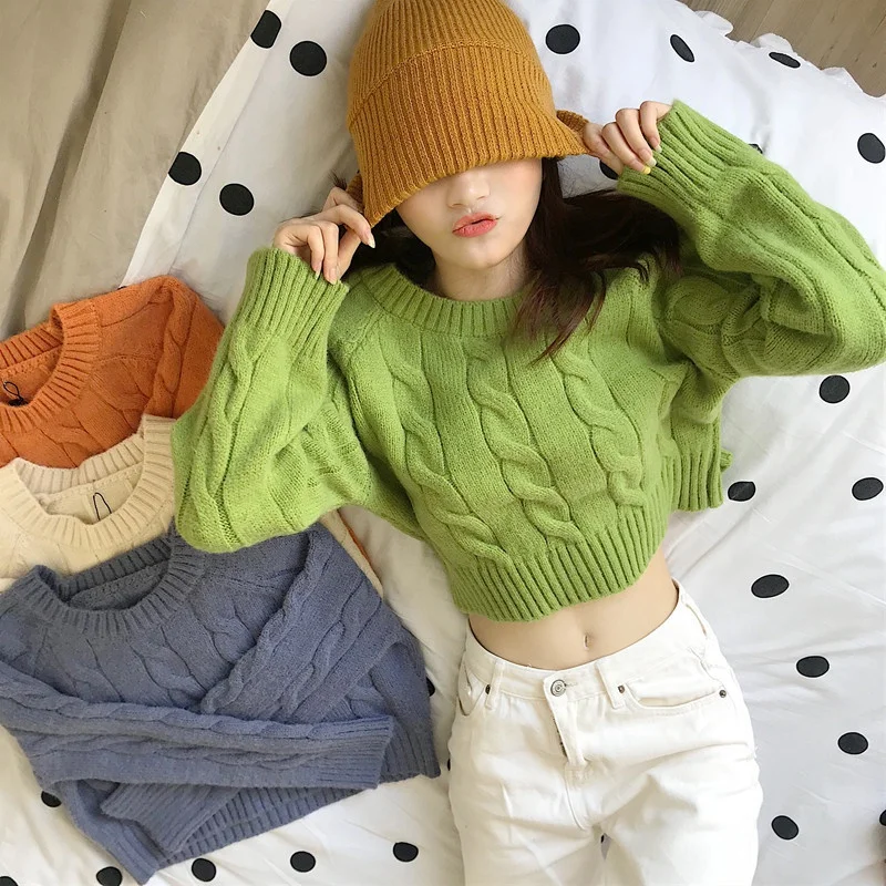 

Women Short Loose Casual Sweaters Solid Color Fashion Twist Long Sleeve Korean Sweet Jumpers Pull Femme