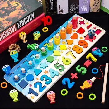 

Wooden Children Fishing Toys Numbers Stacking Blocks Kids Early Educational Toys 6-in-1 Letters Figures Logarithmic Plate