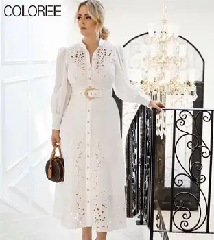 

Vintage White Cotton Hollow Out Floral Embroidery Maxi Dress For Women 2020 Autumn Runway Long Sleeve Woman Dress With Sashes