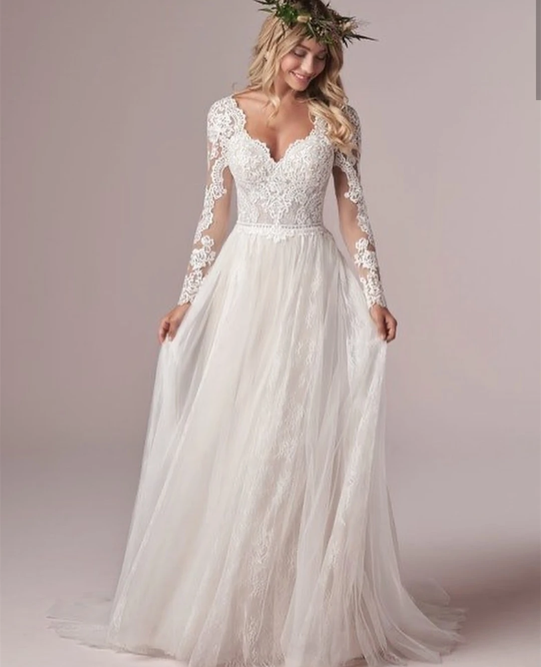 Long Sleeve Wedding Dress With Corset Low Back Floor Length Lace Appliques Bridal Gowns White Tulle Organza Graceful V-Neck 3