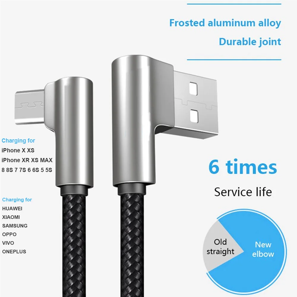 

New Charging Cable For iPhone X 8 7 6 2.4A Fast USB TYPE C Charge Cable for Huawei Xiaomi Zinc Alloy Elbow Bent Angle Game Cable