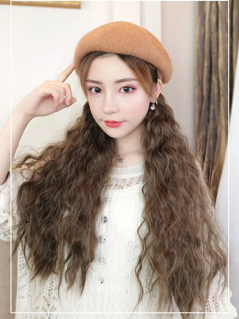 Periwig madam длинные волосы шляпа длинные вьющиеся волосы кибер знаменитости берет парик интеграции Зимняя мода природа periwig