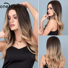 oneNonly Long Ombre Black Brown Blonde Synthetic Wigs with Highlight Natural Wave Middle Part for Women Daily Wig Heat Resistant