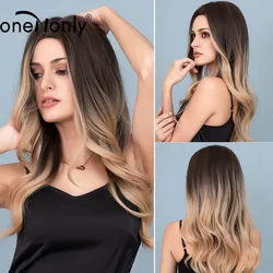 oneNonly Long Ombre Black Brown Blonde Synthetic Wigs with Highlight Natural Wave Middle Part for Women Daily Wig Heat Resistant