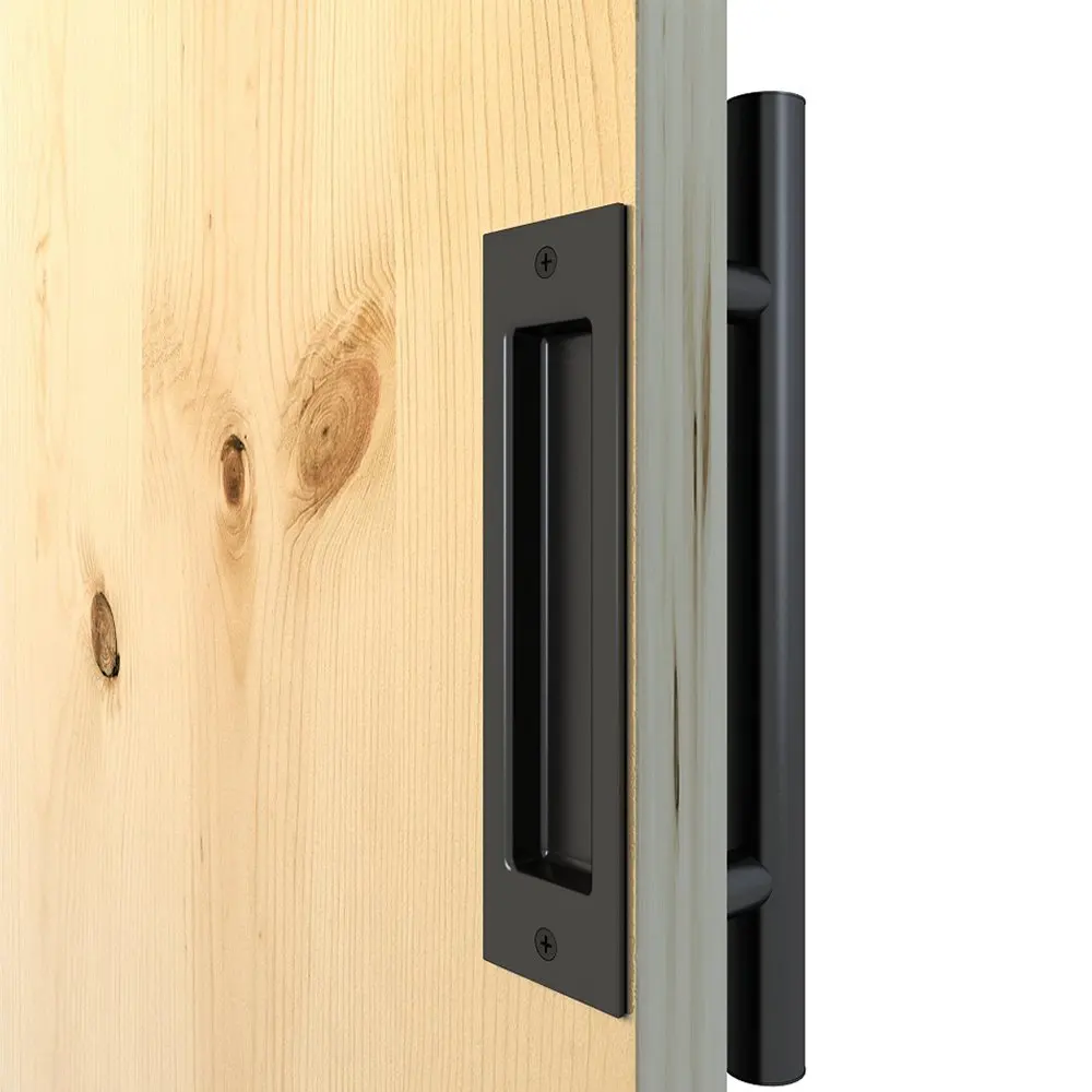 

Flat Black Bar Pull and Flush Handle Set for Wood Door Set of 2