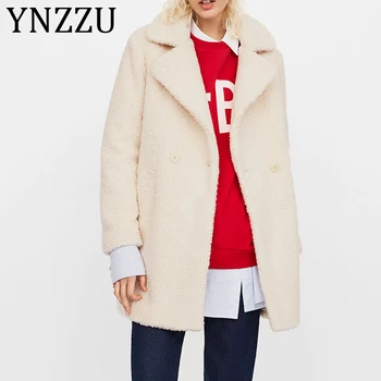 

YNZZU 2019 Winter Sheep Shearing Faux Fur Jacket Women Wool Thicken Warm Long Female Outwears Loose Cool Coat Quality A1324